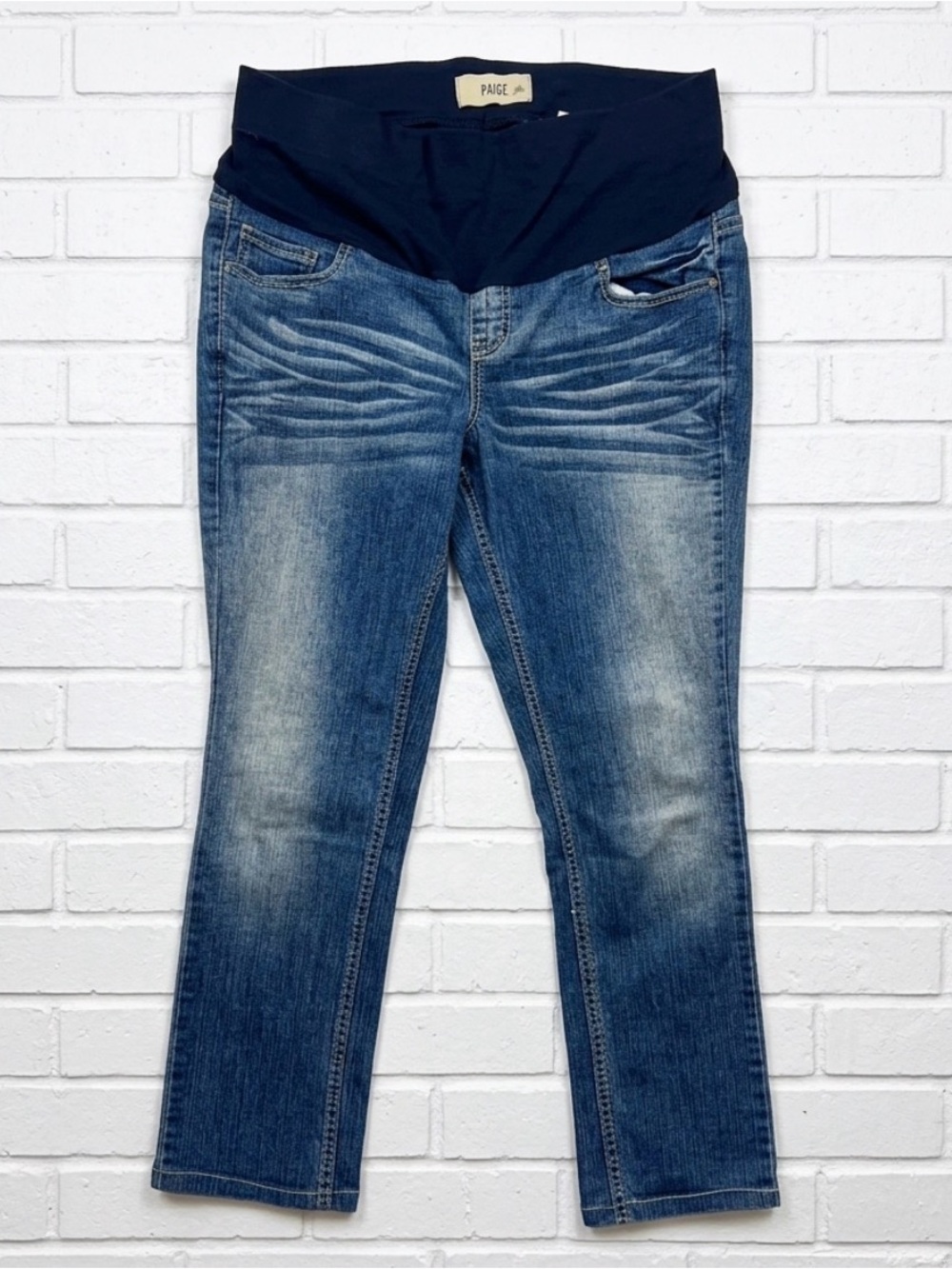 Paris Blues Straight-Leg Maternity Jeans in Medium Blue with Navy Waistband